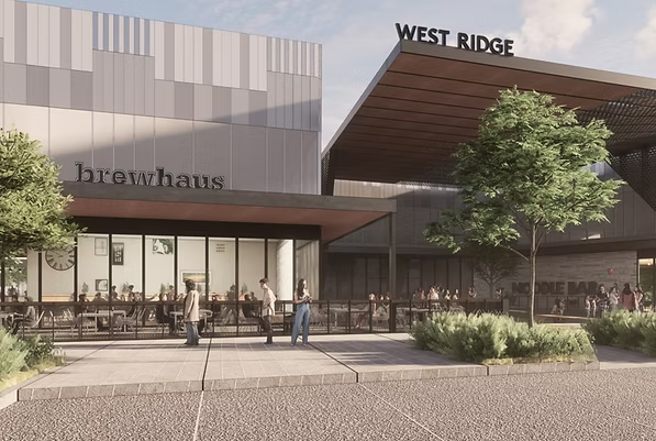 Rendering of a reimagined mall property with new food and beverage uses