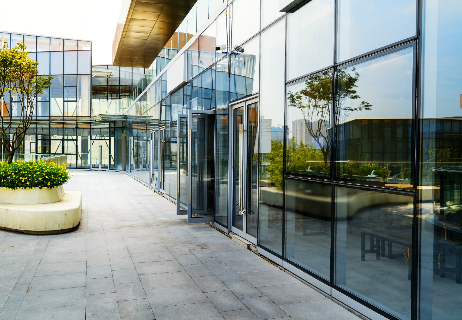 Sunlit glass-lined plaza terrace with planters and flowering beds